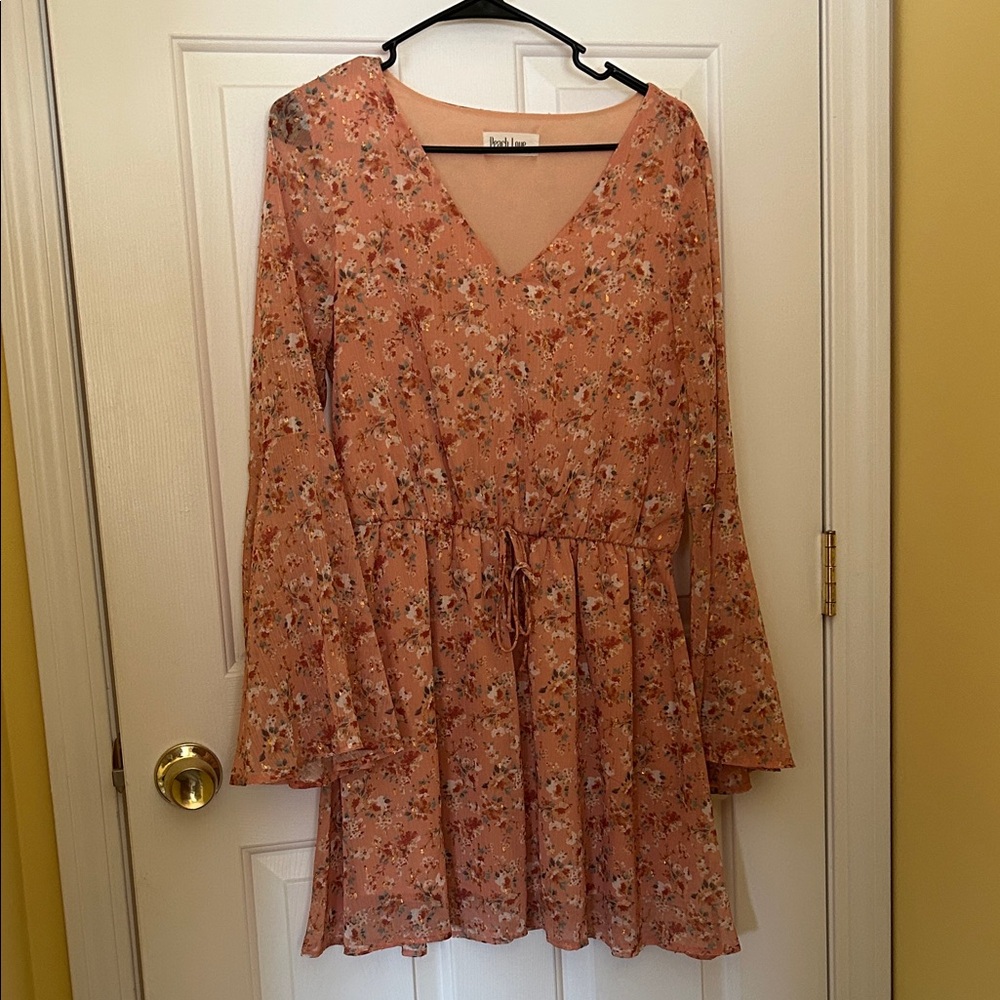Peach Floral V-Neck Long Sleeve Dress - Picture 2 of 4